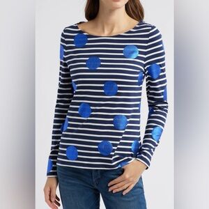Boden Breton Stripe Polka Dot Top Blue White Long Sleeve Shirt Size 6